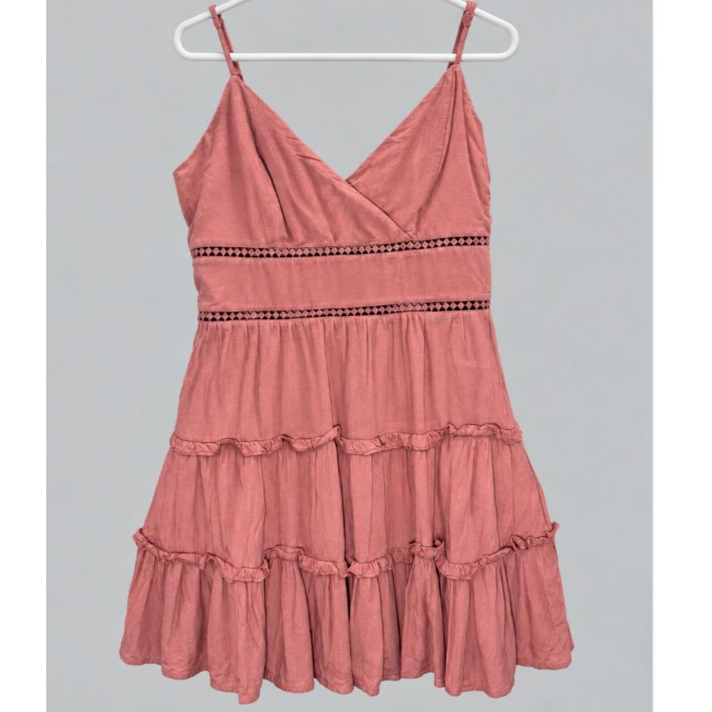 Trixxi XL Dusty Rose Tiered Ruffle Mini Dress Lace Trim Boho Cottagecore